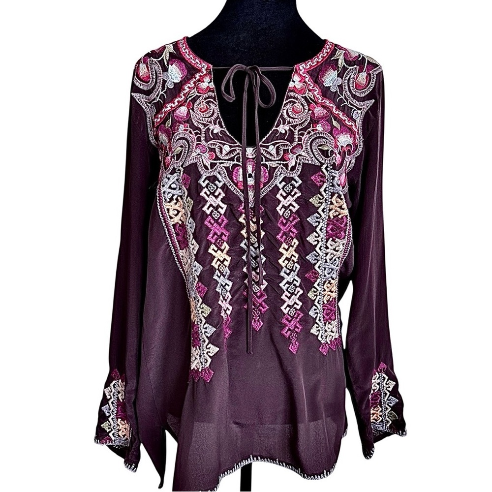 Johnny Was Biya Embroidered Silk Blouse size Small